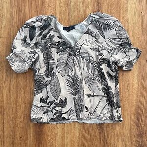 Floral Print V-Neck Puff Sleeve Top Rachel Roy Viscose & Linen Blend Office Chic